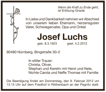 Traueranzeige von Josef Luchs von Pegnitz-Zeitung